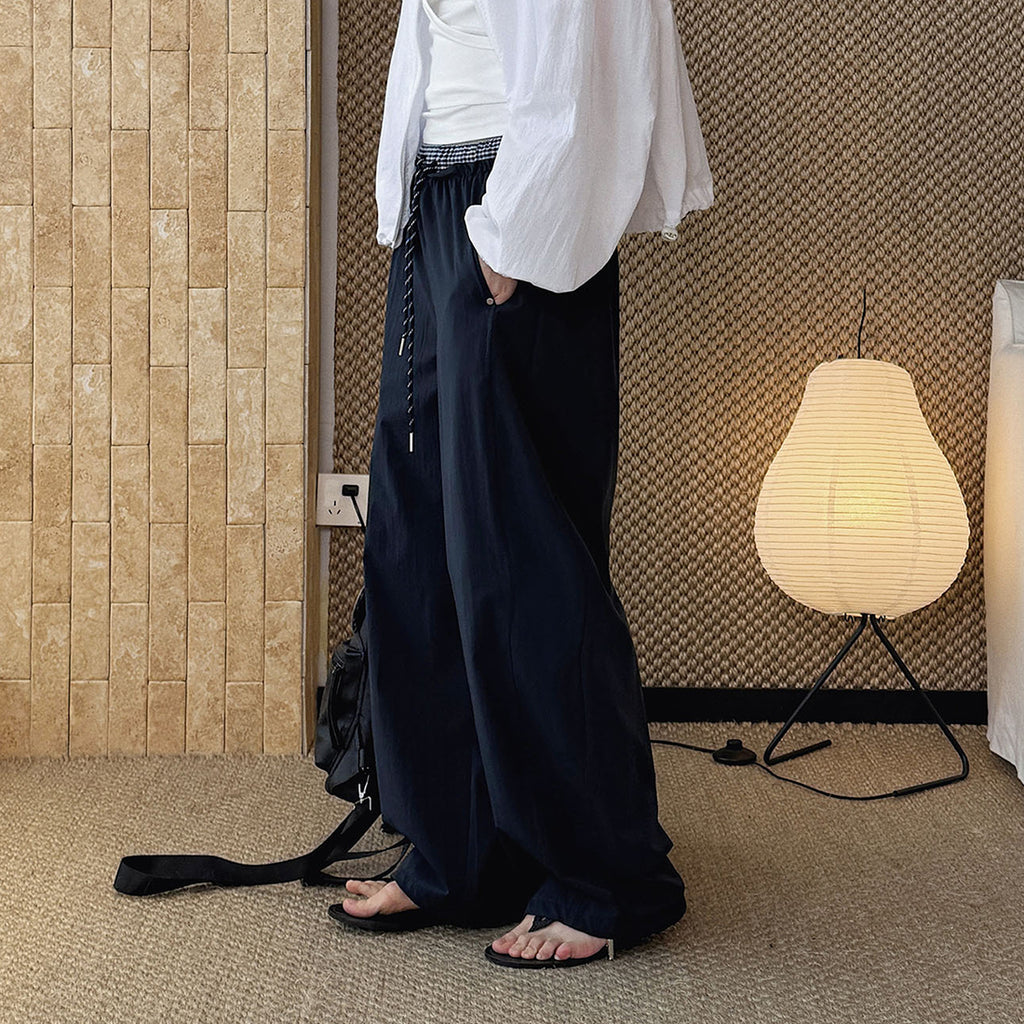 Grid waistband elastic drawstring loose casual ankle pants