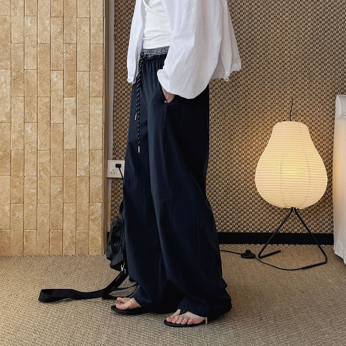 Grid waistband elastic drawstring loose casual ankle pants