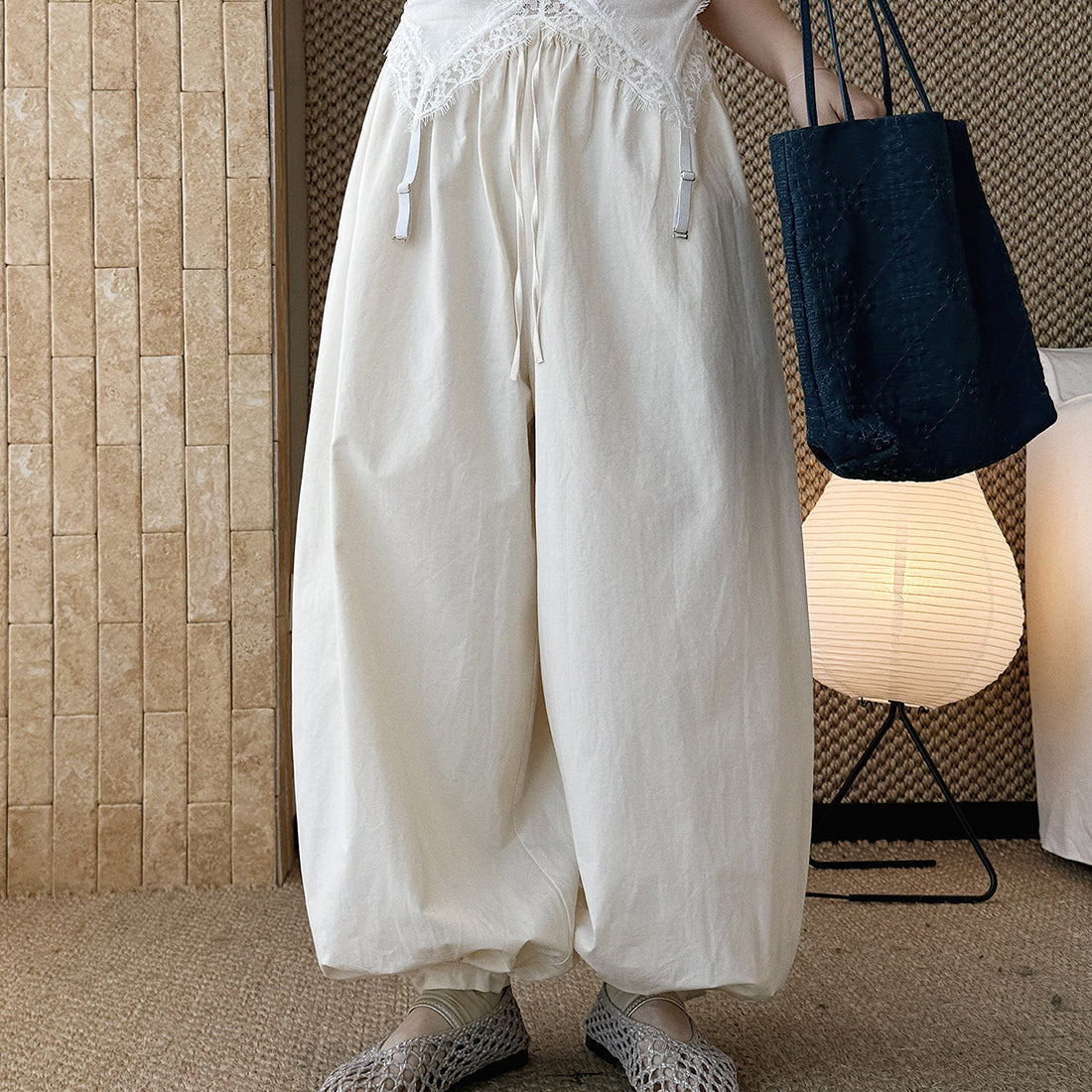 High waist cotton linen balloon pants loose casual wide leg trousers
