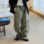 Pleated straight leg large pocket loose denim cargo pants