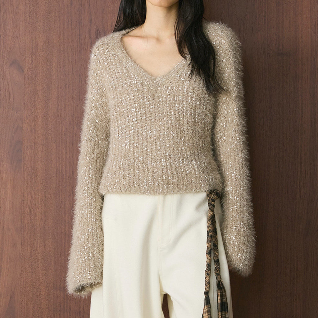 V-neck sparkling diamond long sleeved sweater top