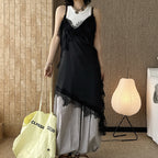 V-neck lace slimming base strap asymmetrical hem top