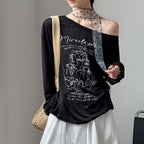 Women’s Off-Shoulder Printed Long-Sleeve Top with Polka Dot Scarf