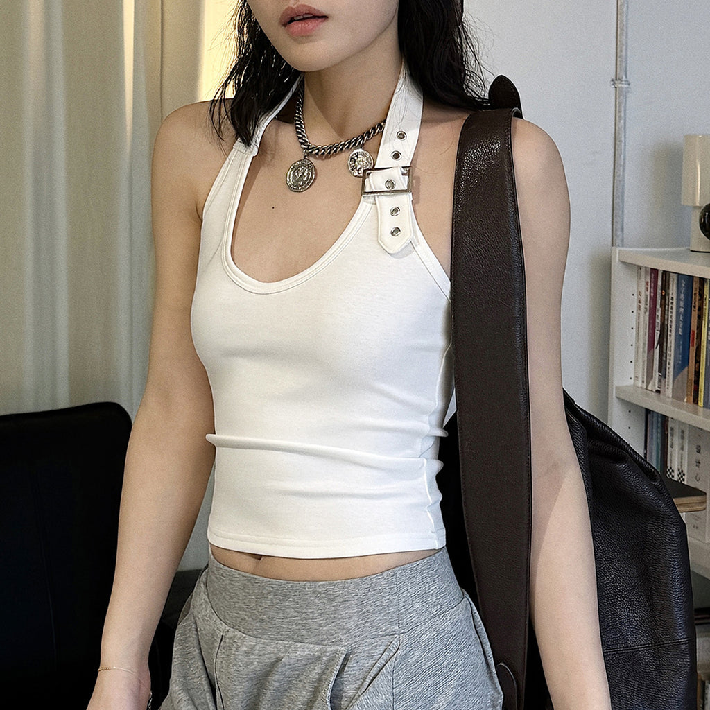 Halter Neck Fitted Tank Top with Buckle Strap Detail
