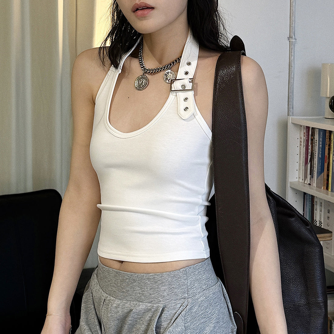 Halter Neck Fitted Tank Top with Buckle Strap Detail