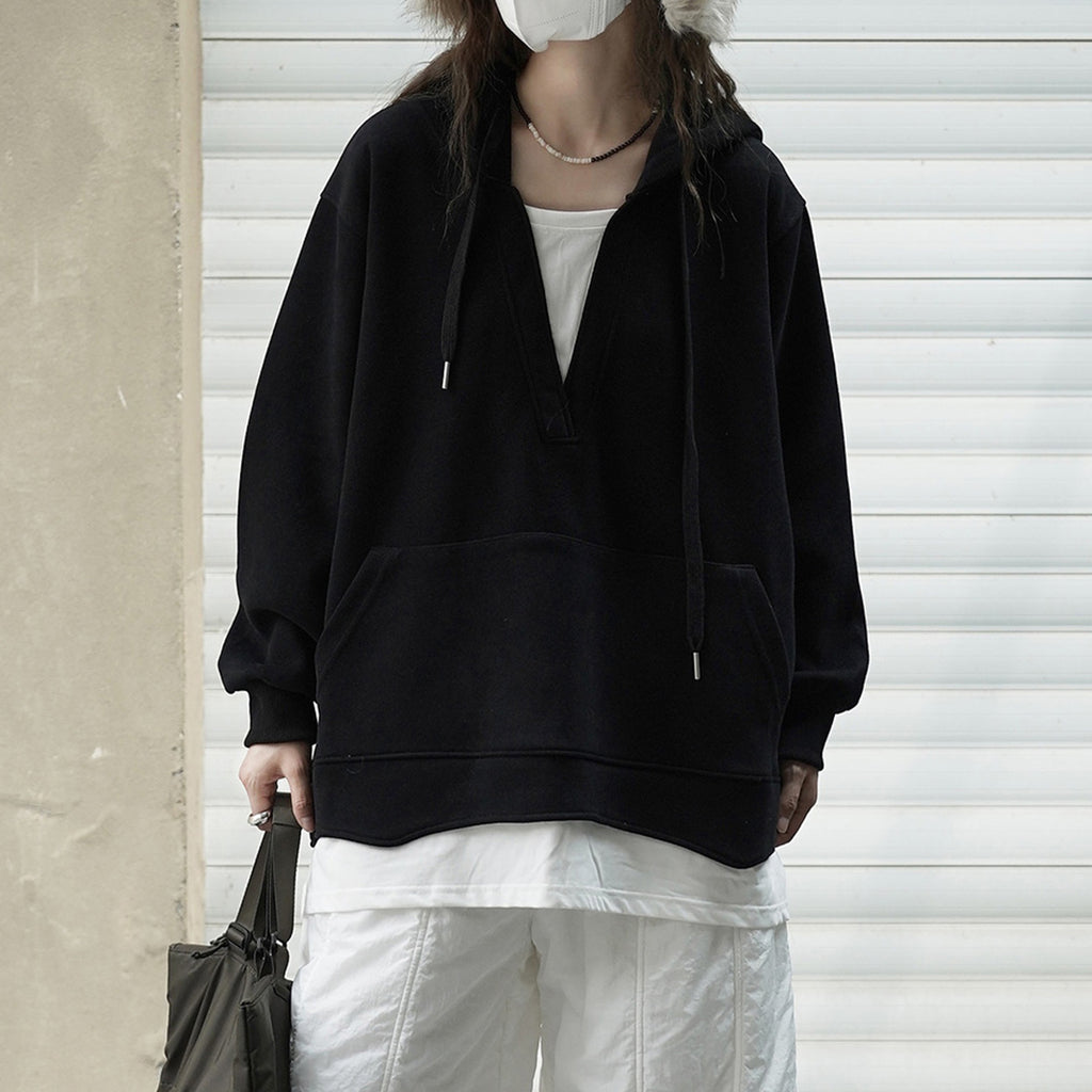 V-neck fake two-piece spliced loose hooded sweatshirt