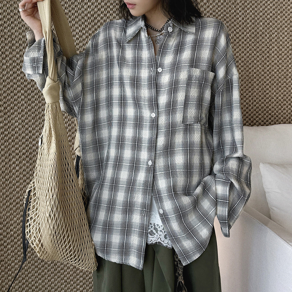 Vintage plaid cotton shirt loose long sleeve casual button down blouse