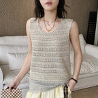 Women’s Sleeveless Openwork Knit Tank Top with Textured Hem