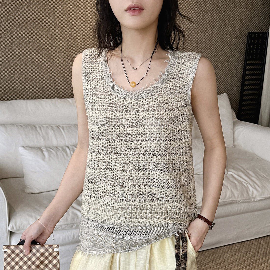 Women’s Sleeveless Openwork Knit Tank Top with Textured Hem