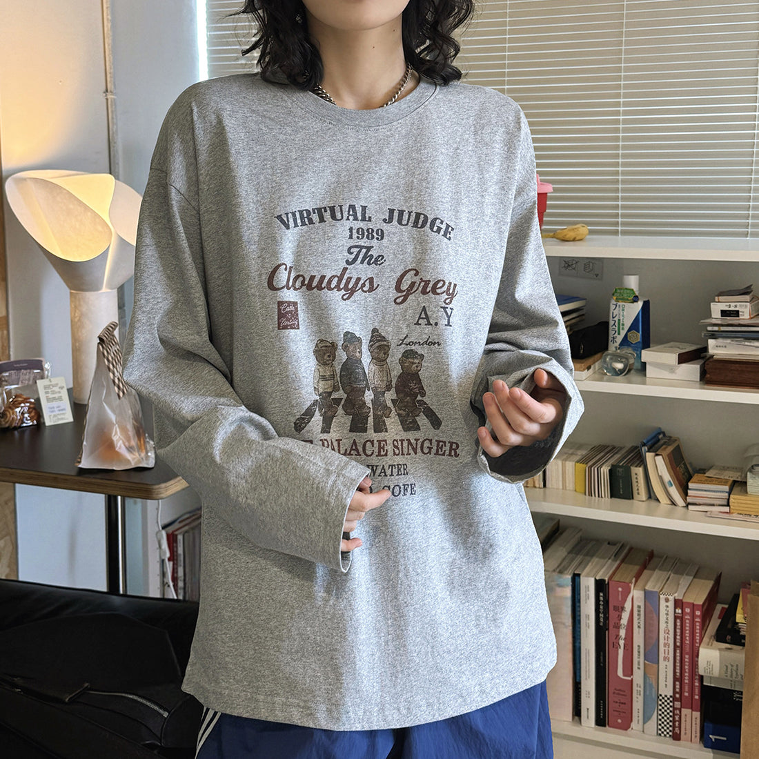 Retro teddy bear letter printed loose long sleeved T-shirt