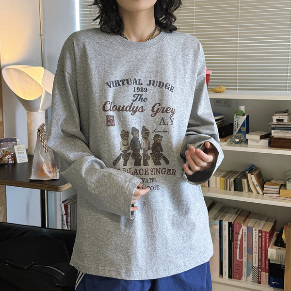 Retro teddy bear letter printed loose long sleeved T-shirt