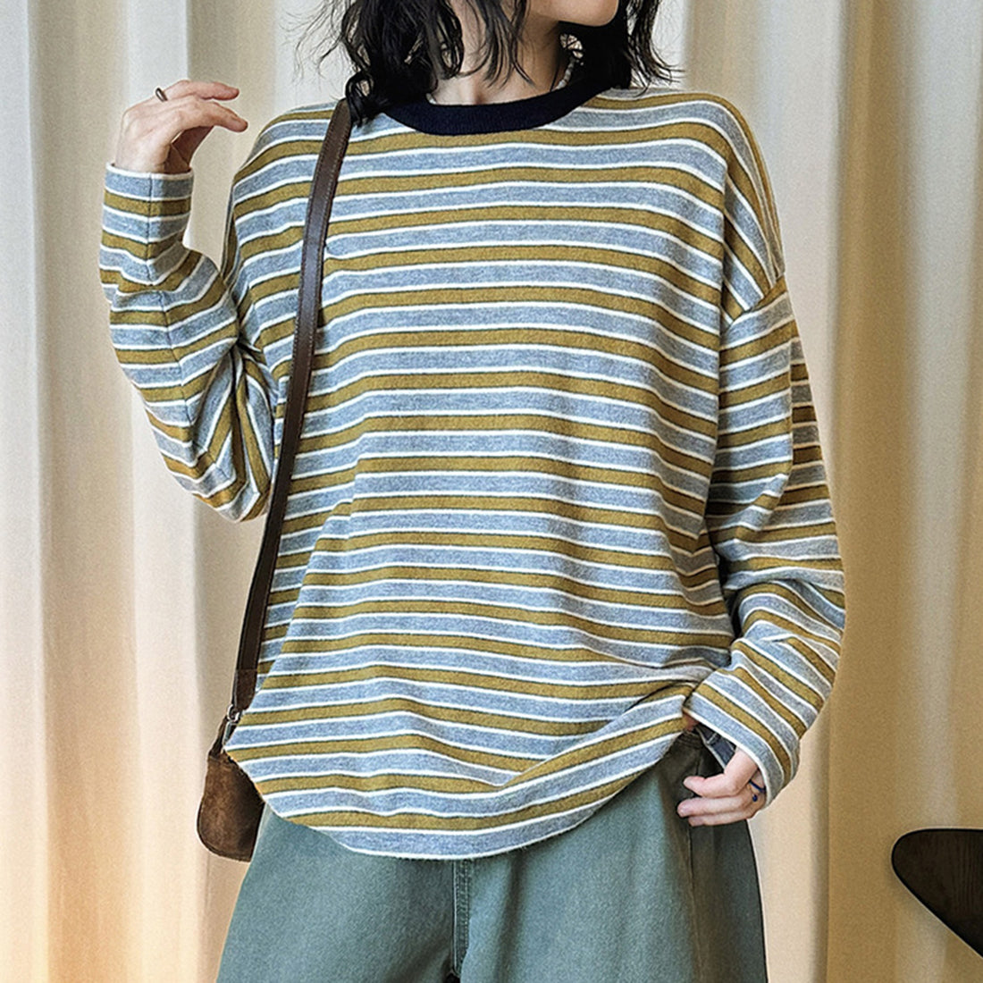 Color blocking round neck striped loose T-shirt