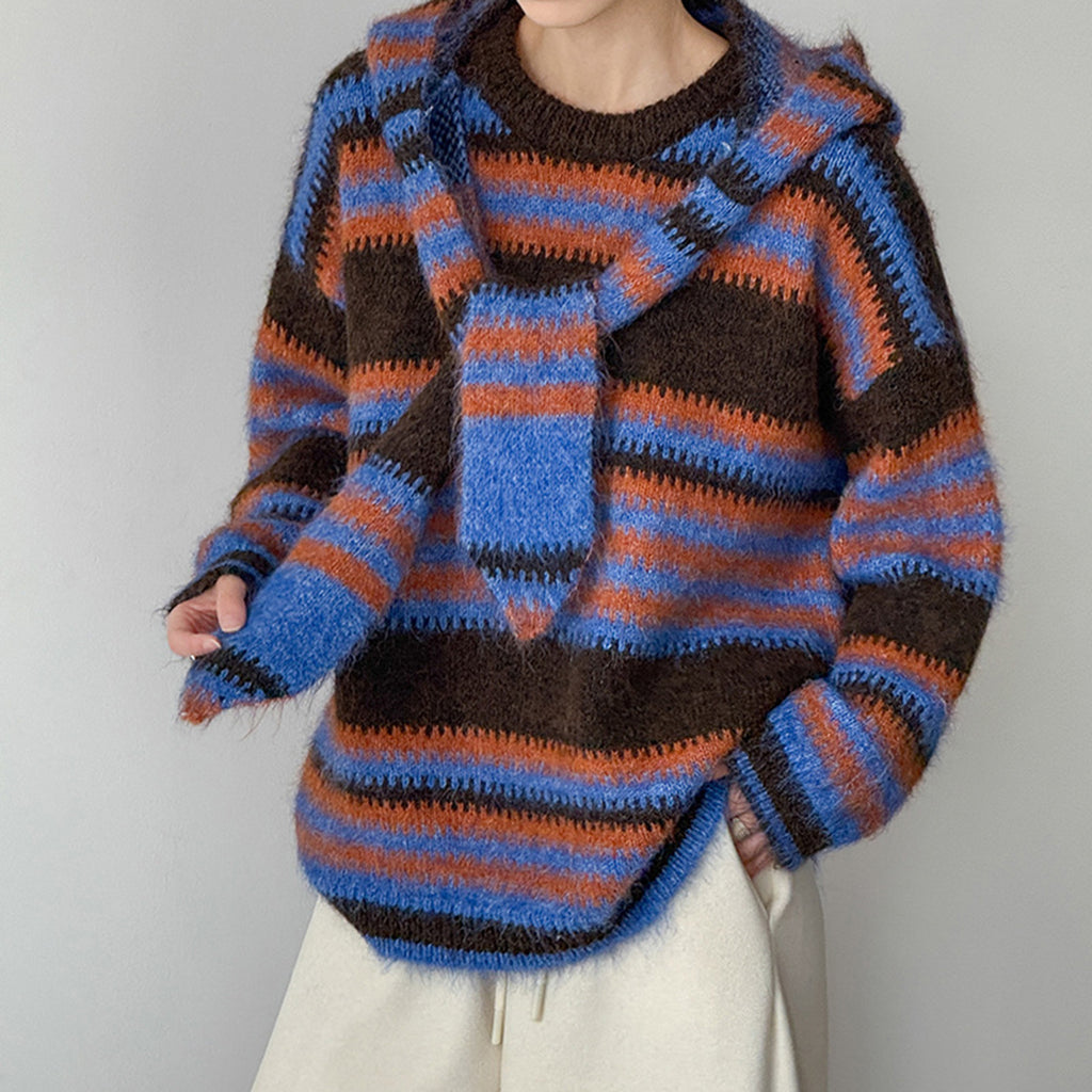 Loose retro contrasting striped sweater with shawl