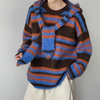 Loose retro contrasting striped sweater with shawl