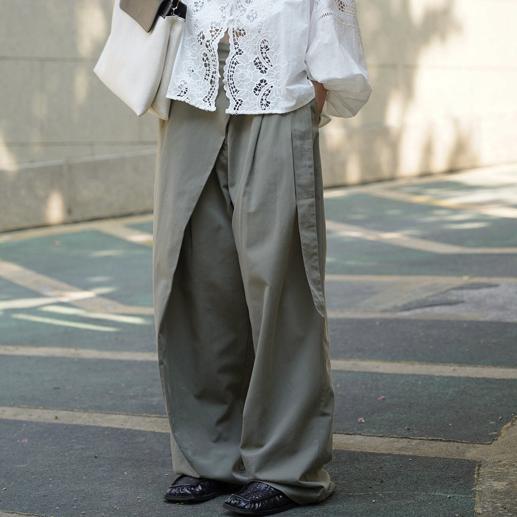 Retro slanted placket belt strap casual loose slimming pants