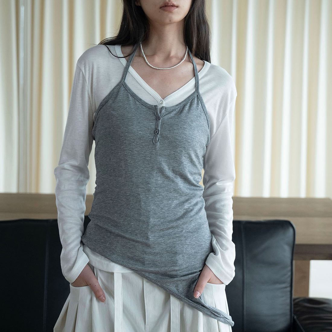 Thin strap hanging neck Tencel suspender top