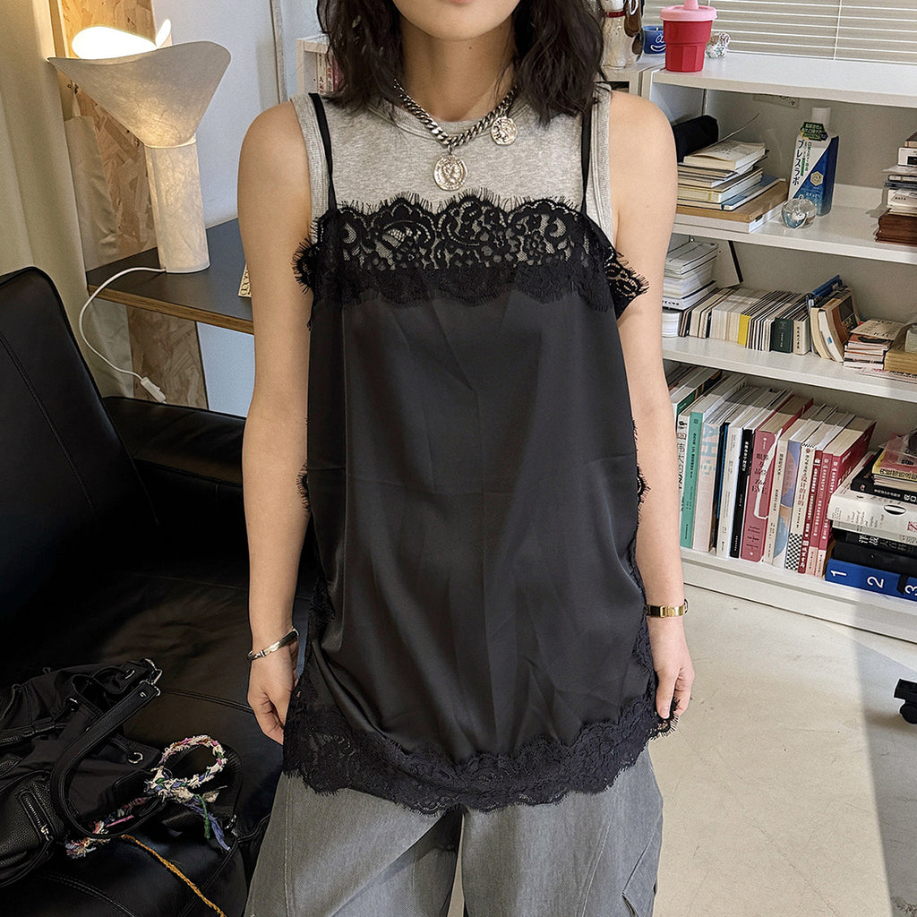 Lace trim cami top with silky stretch fabric for layering or solo wear