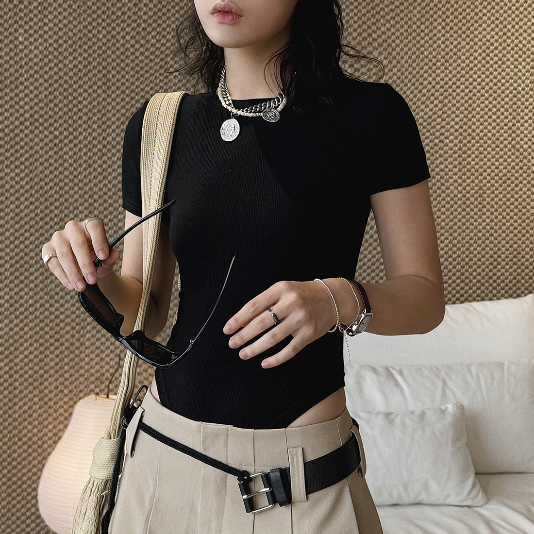 ribbed slim fit t shirt stretchy short sleeve fitted top