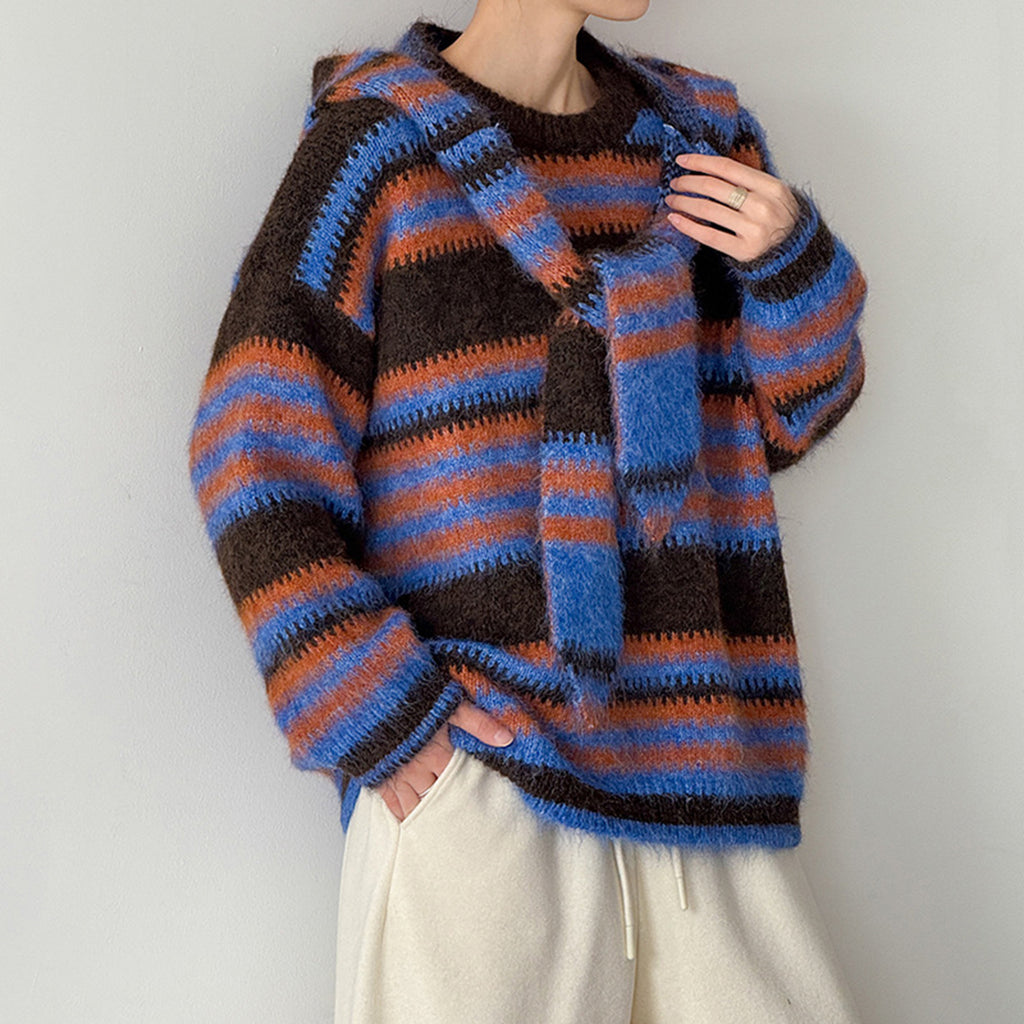 Loose retro contrasting striped sweater with shawl