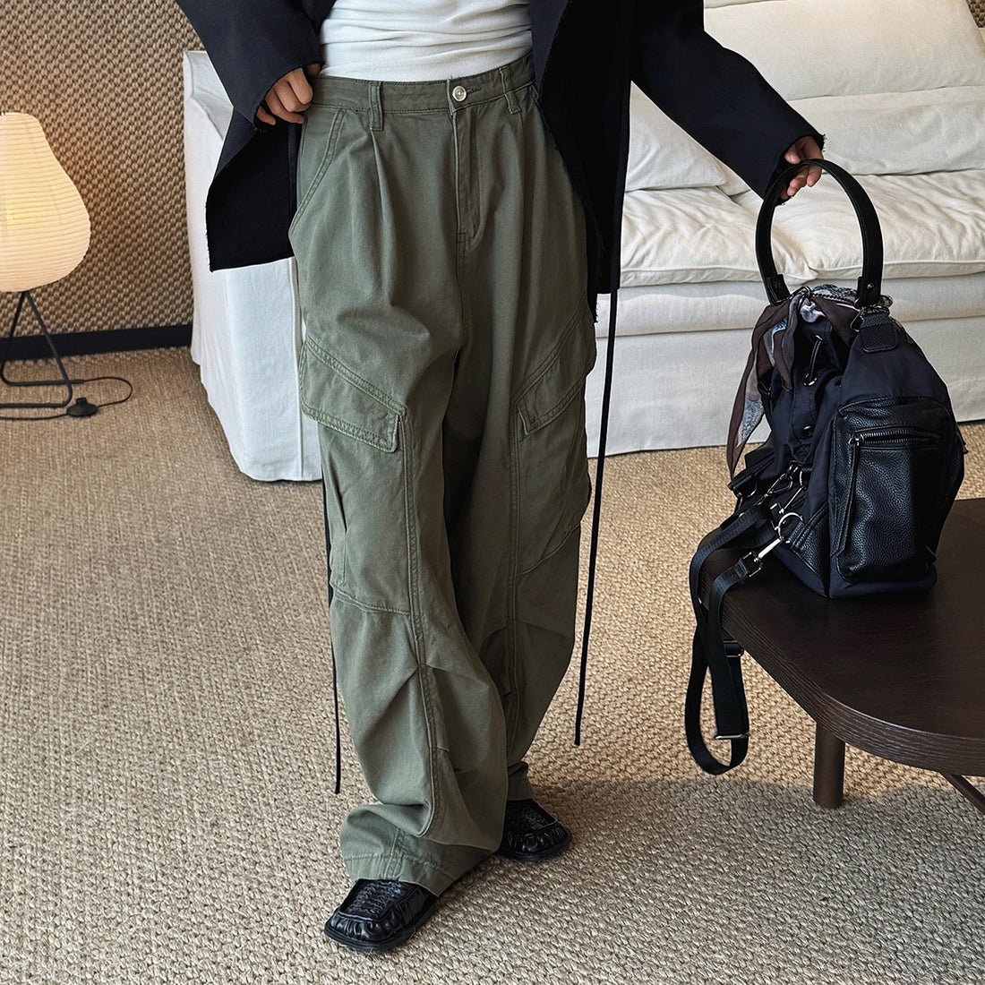 Pleated straight leg large pocket loose denim cargo pants