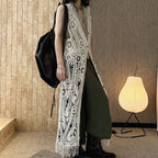 sleeveless long vest lace knit cardigan v neck button down hollow out lightweight layering top