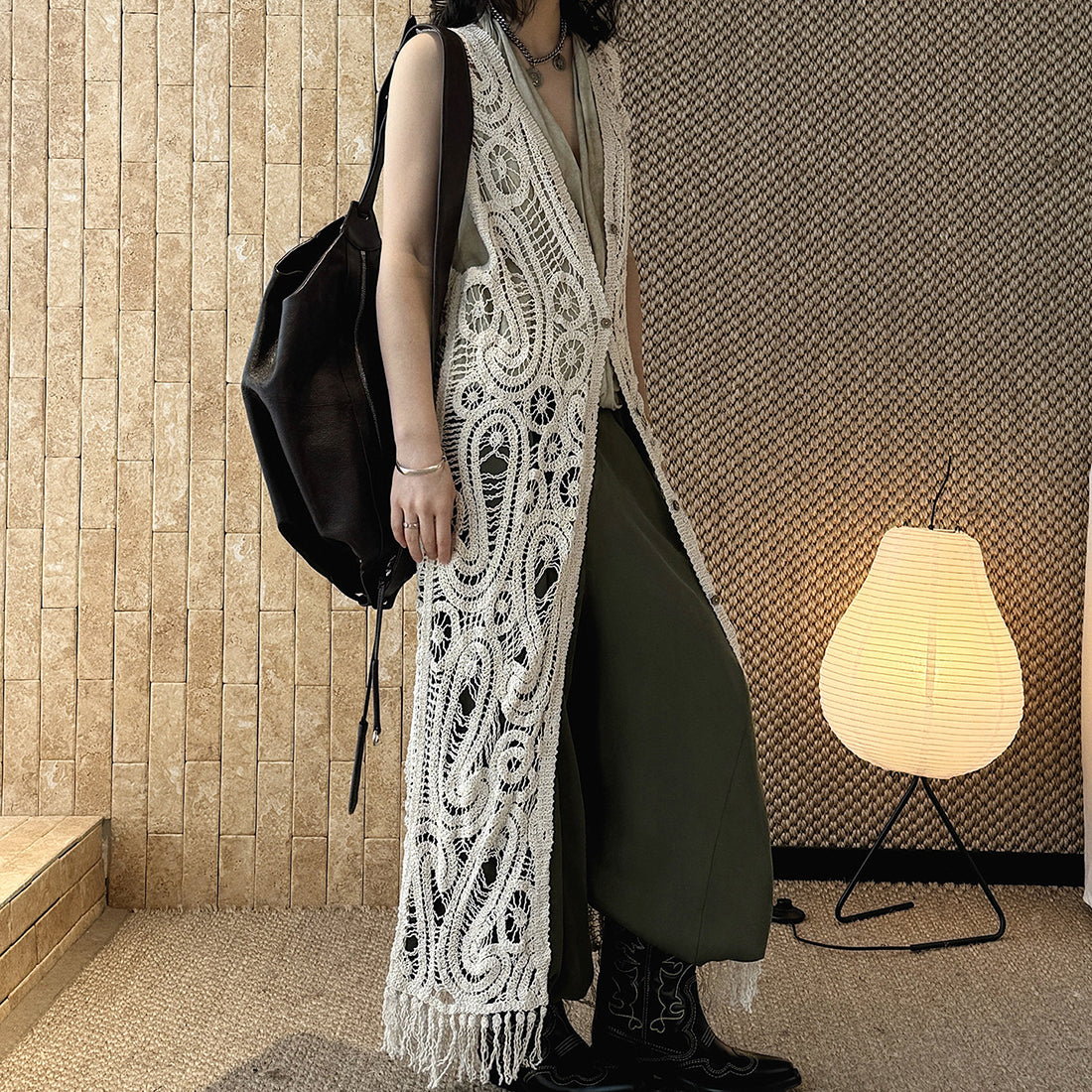 sleeveless long vest lace knit cardigan v neck button down hollow out lightweight layering top