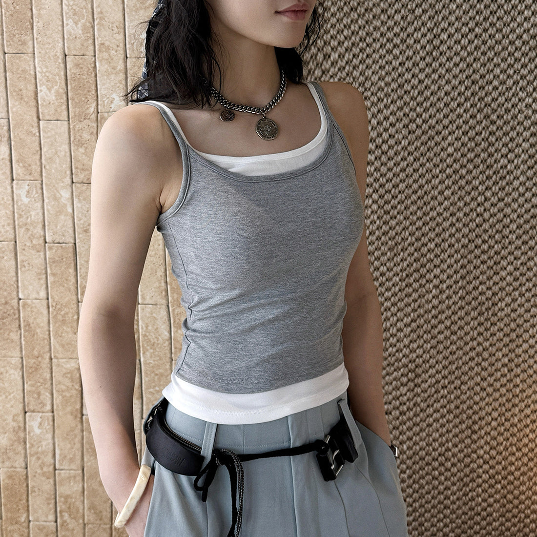 Layered slim fit tank top with stretch fabric and contrast trim