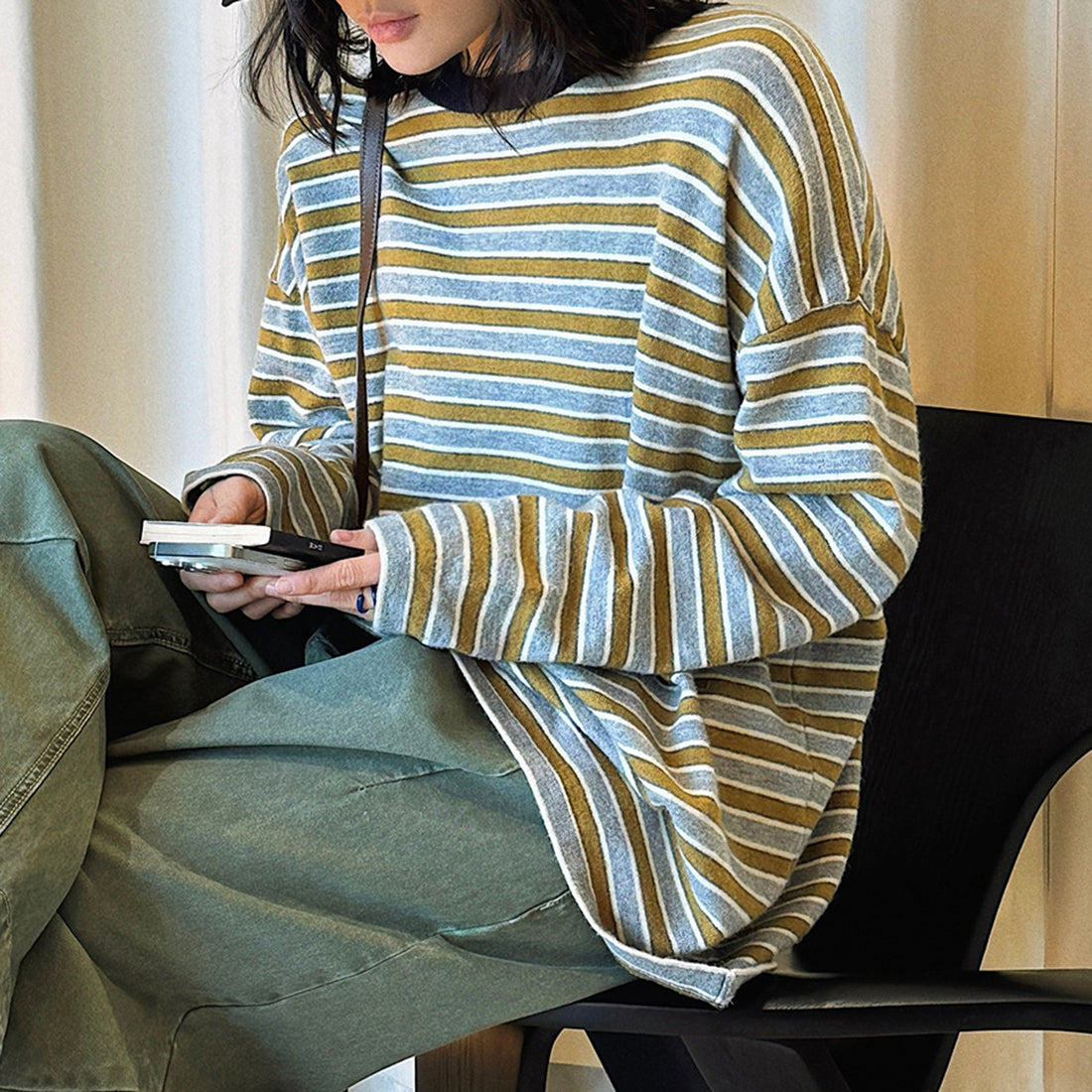 Color blocking round neck striped loose T-shirt