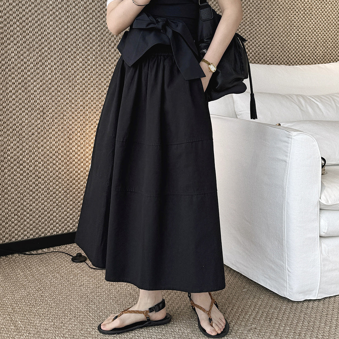 long skirt high waist elastic waist cotton a line midi skirt loose casual solid color skirt