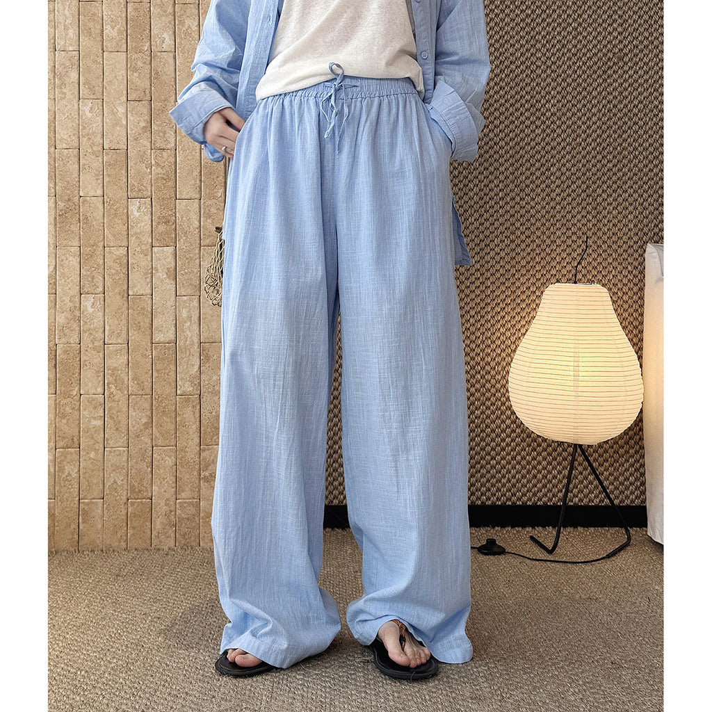 High Waist Cotton Linen Wide Leg Pants with Drawstring
