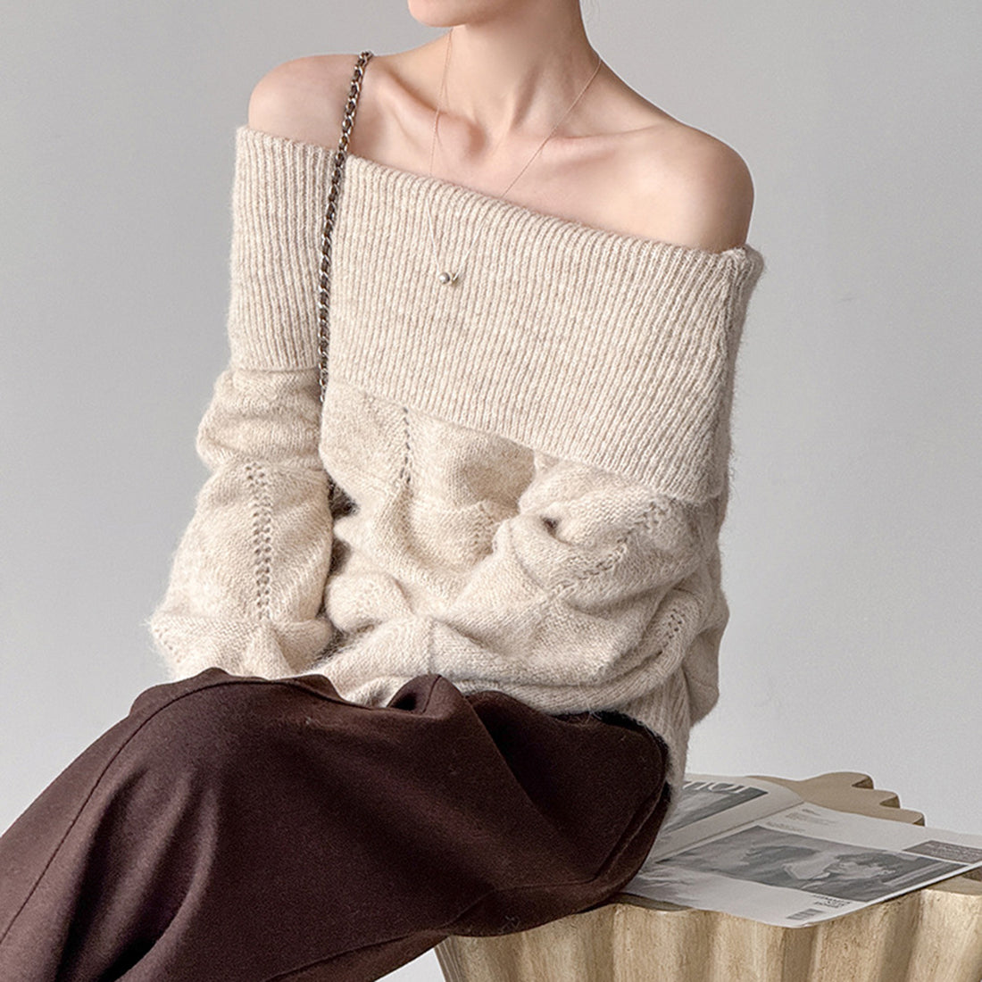 off shoulder lapel knitted loose top sweater