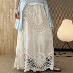 Boho lace embroidered maxi skirt with flowy silhouette and soft lining