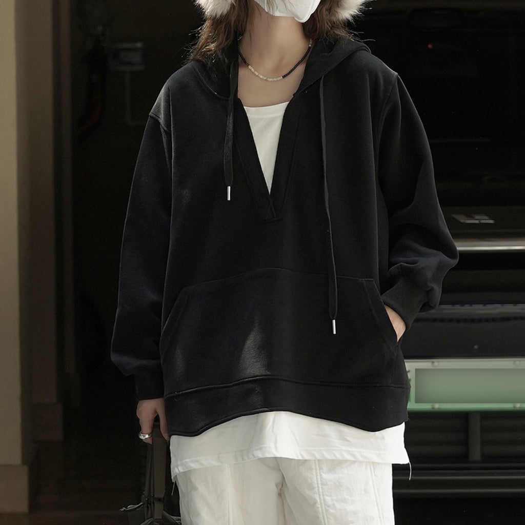 V-neck fake two-piece spliced loose hooded sweatshirt