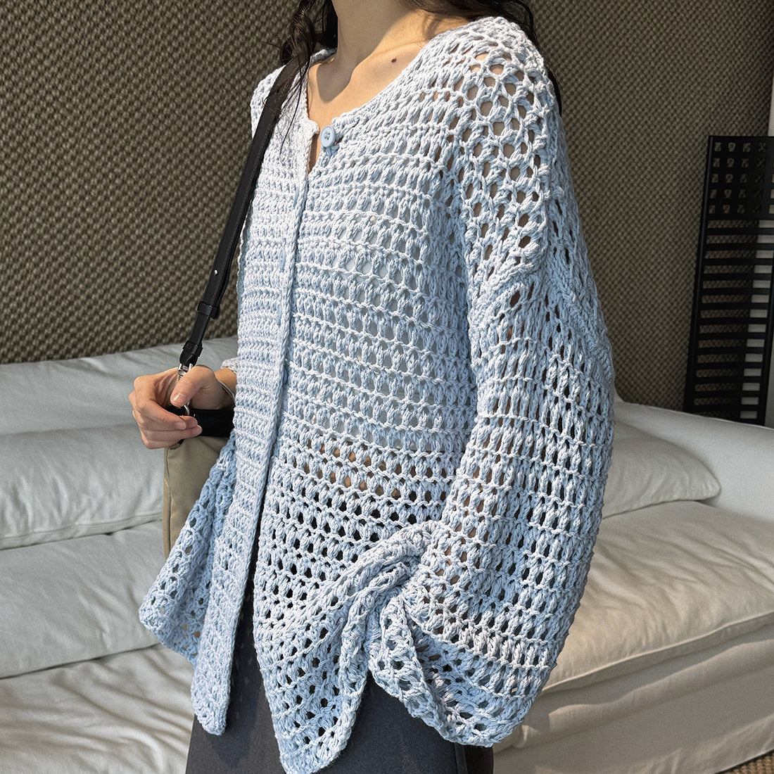 Large mesh hollow knitted cardigan loose top