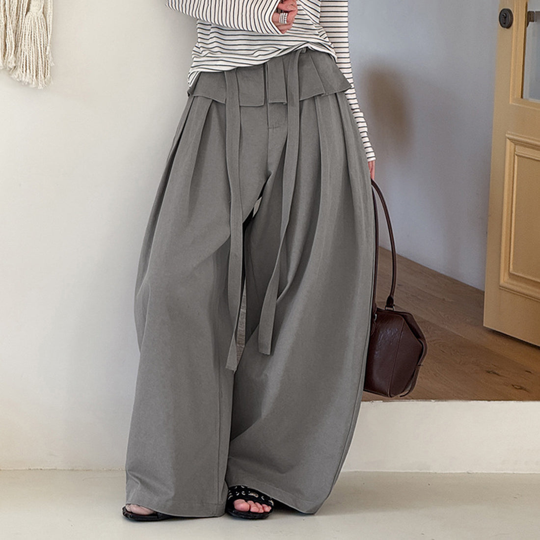 High waist pleated wide leg pants women loose drape trousers with tie waist