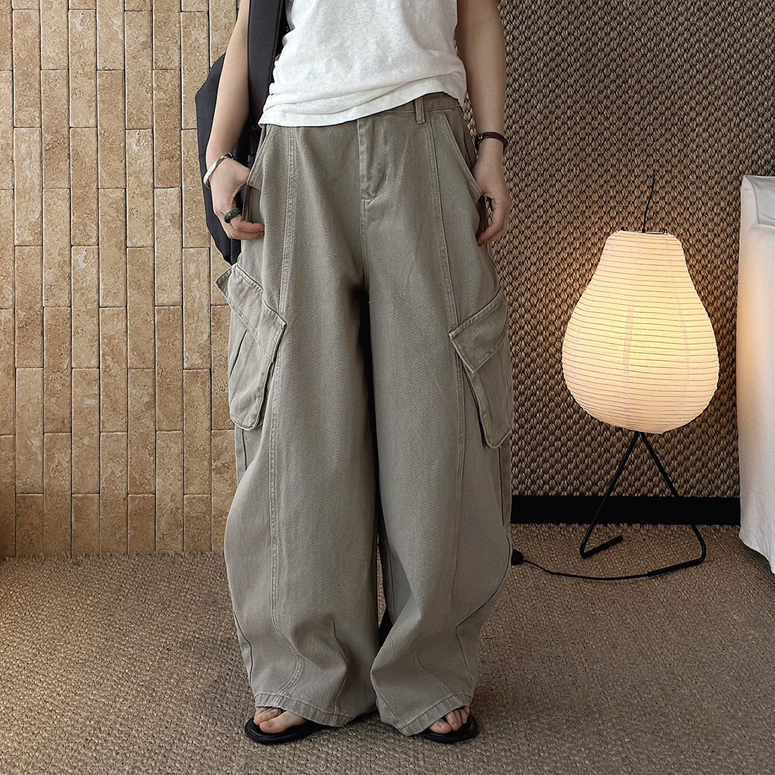 American style spliced large pocket loose wide leg jeans