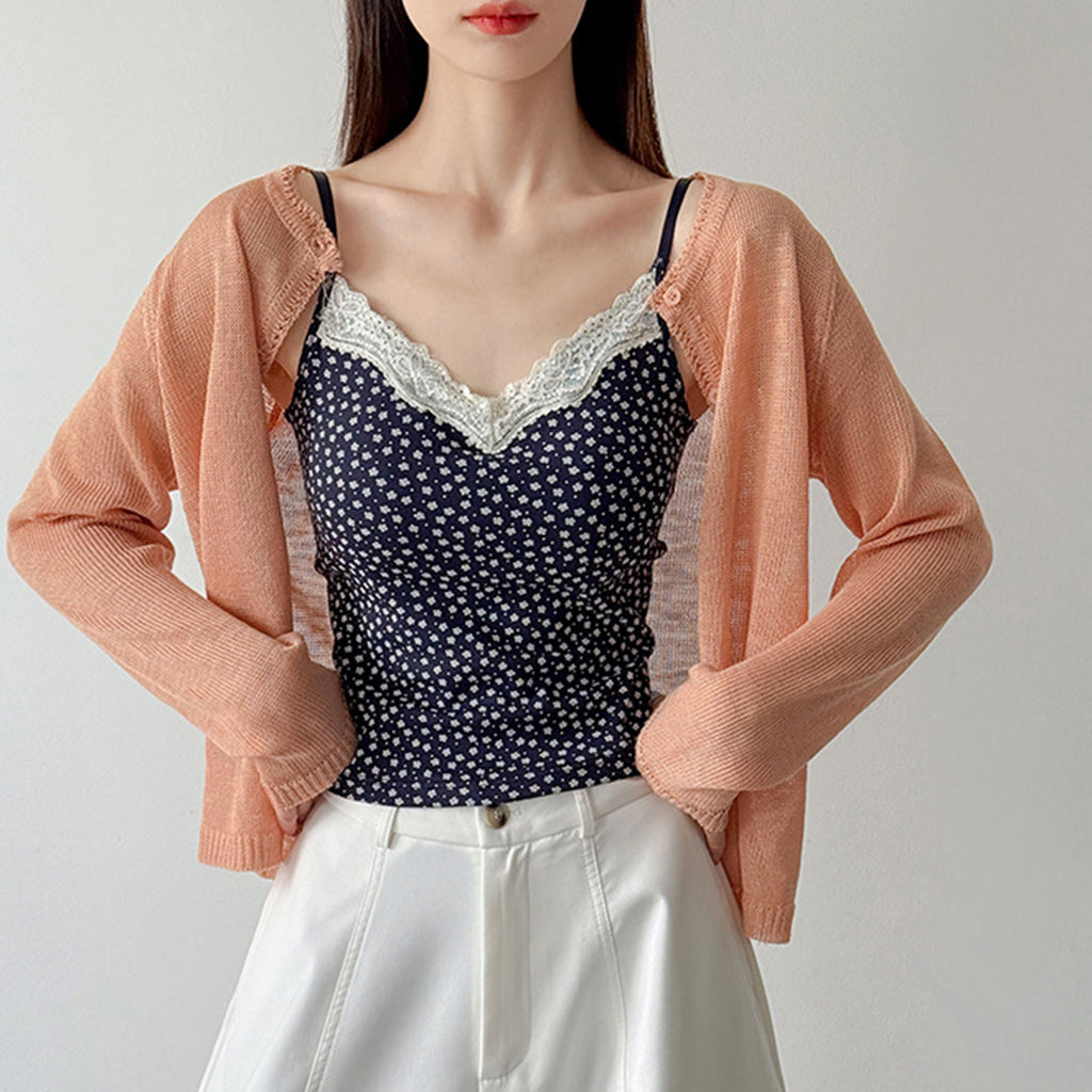 Women’s Lace Trim Floral Print Camisole with Built-in Bra
