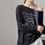 Women’s Off-Shoulder Printed Long-Sleeve Top with Polka Dot Scarf