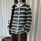 Retro striped horn button plush knitted cardigan top