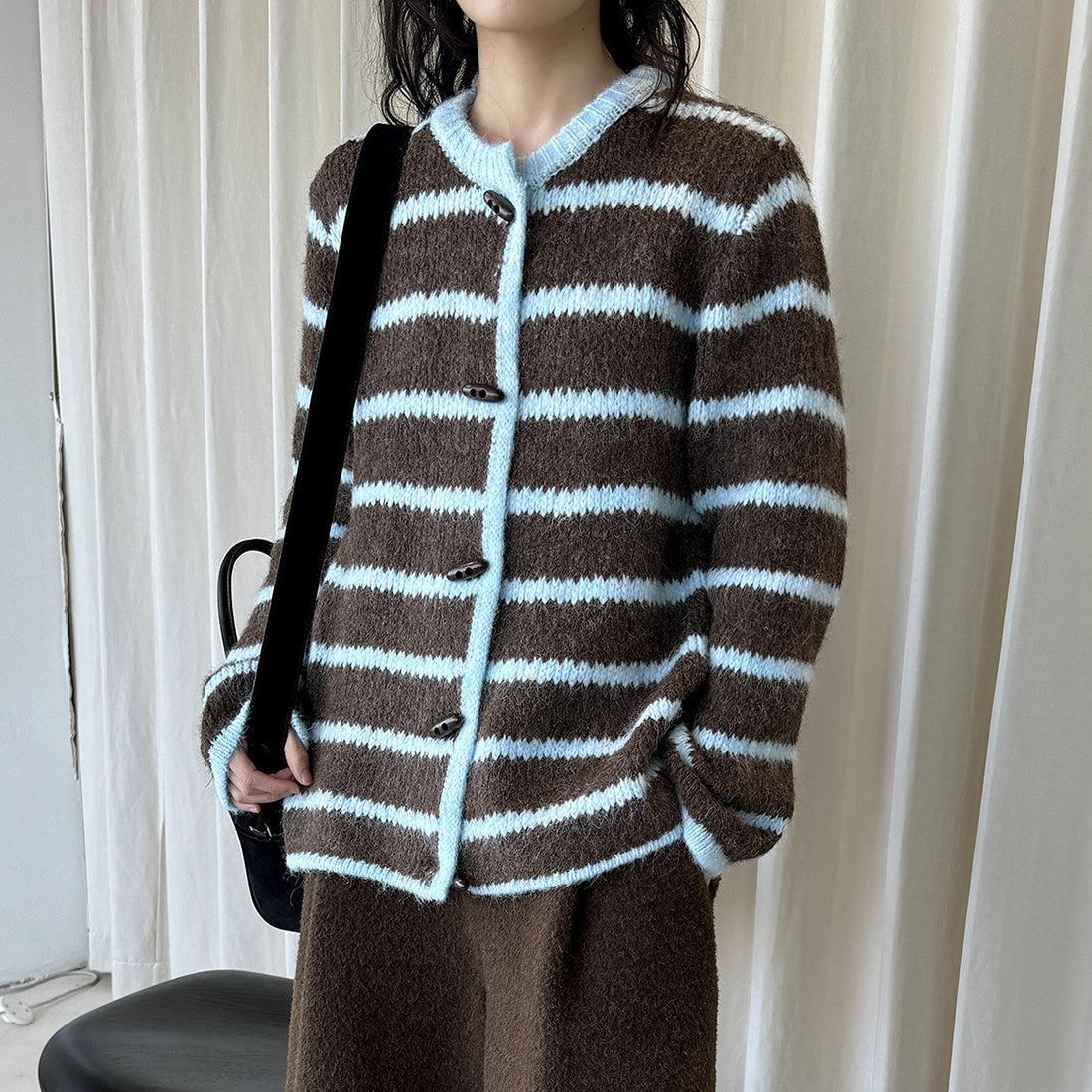 Retro striped horn button plush knitted cardigan top