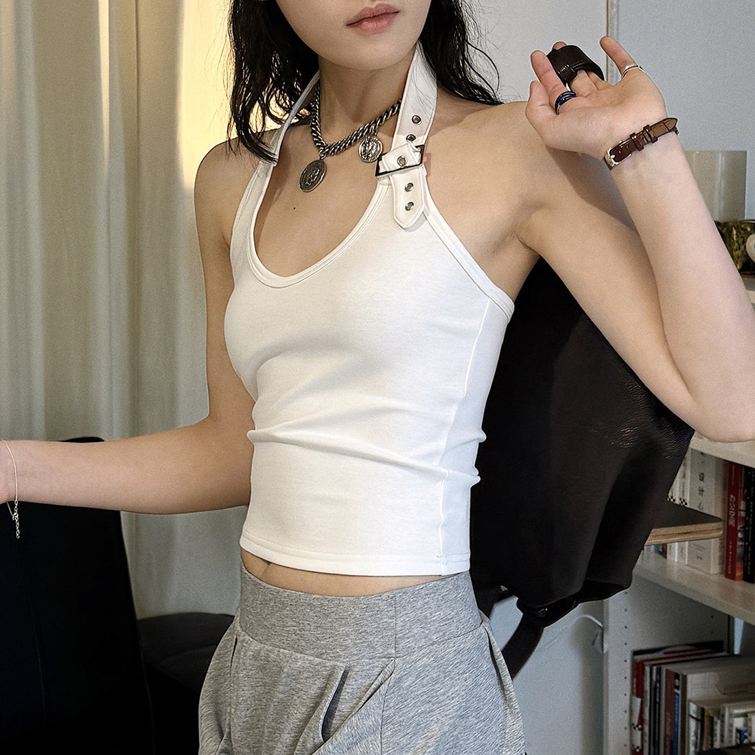 Halter Neck Fitted Tank Top with Buckle Strap Detail