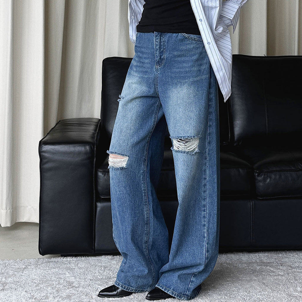 High waisted washed ripped straight leg jeans
