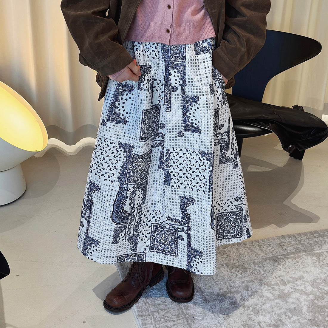 Retro Cashew Flower Splicing Elastic Waist Loose Skirt