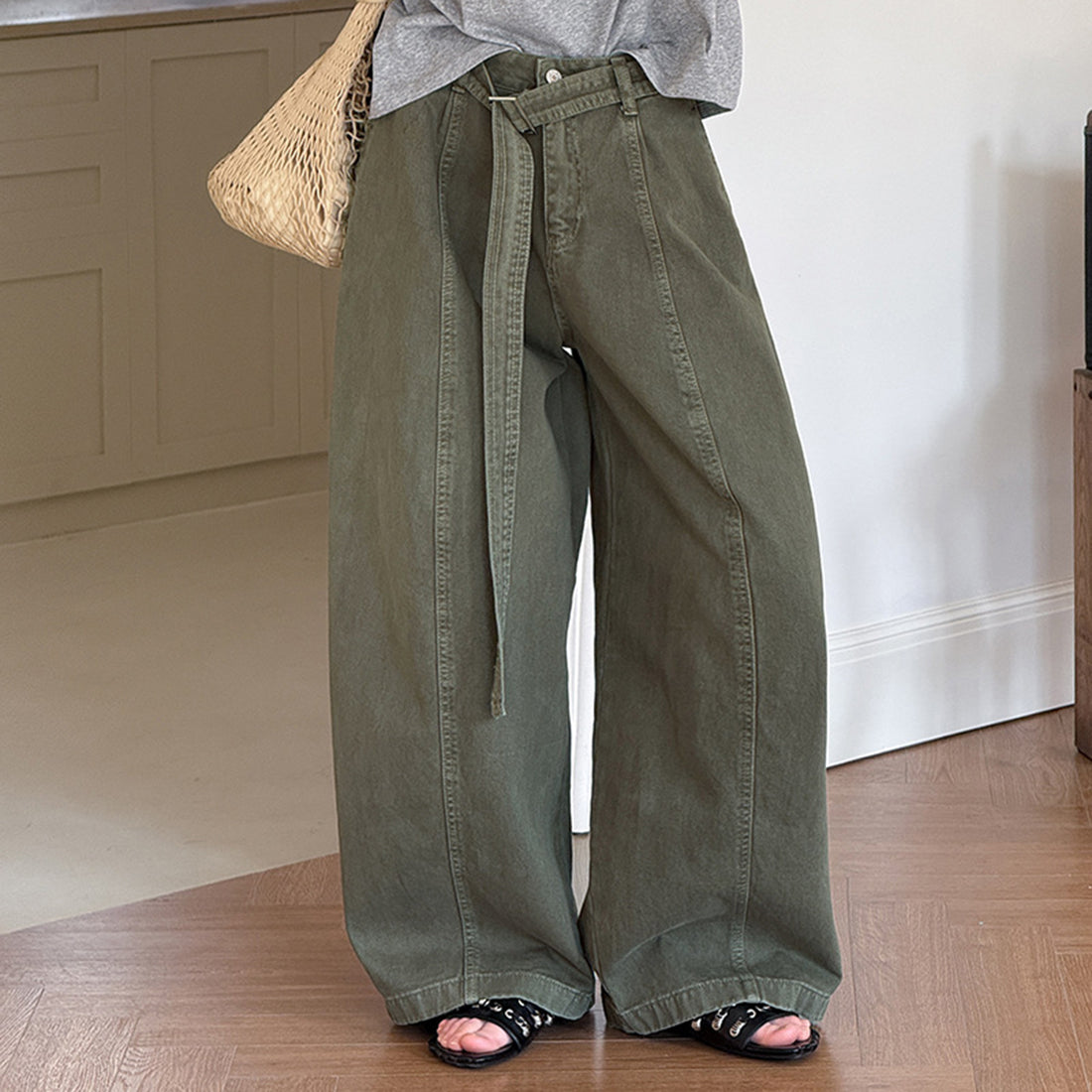 High waist wide leg pants women loose casual trousers with belt cotton
