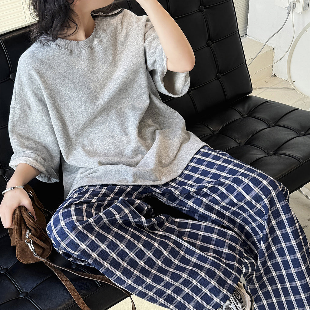 Round neck off shoulder oversized fleece T-shirt short sleeved loose fit top