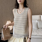 Women’s Sleeveless Openwork Knit Tank Top with Textured Hem