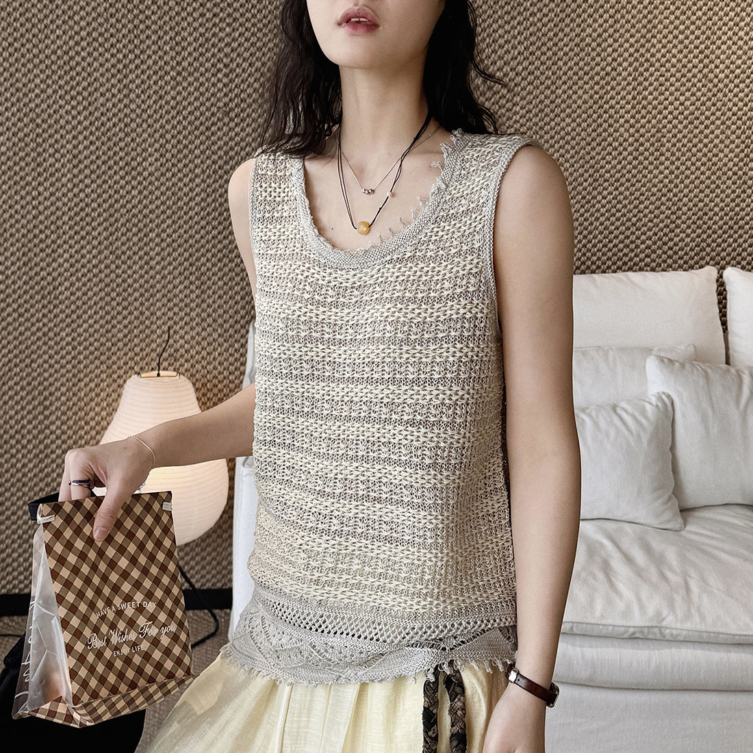 Women’s Sleeveless Openwork Knit Tank Top with Textured Hem