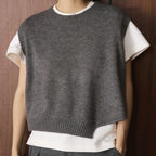 Asymmetric hem solid color round neck knitted vest top