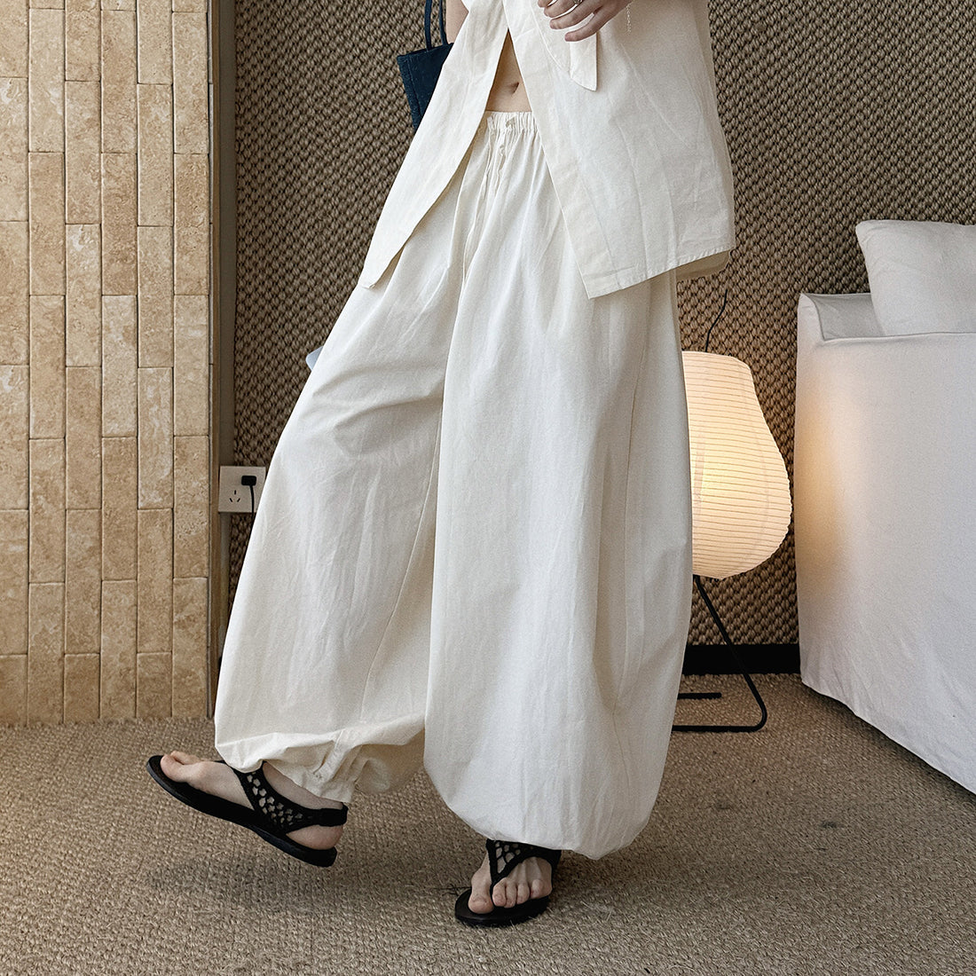 High waist cotton linen balloon pants loose casual wide leg trousers