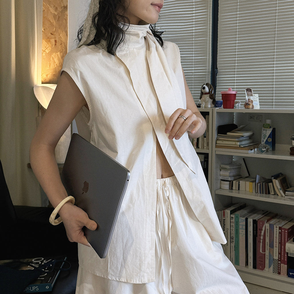 Sleeveless tie neck top women cotton linen loose summer blouse